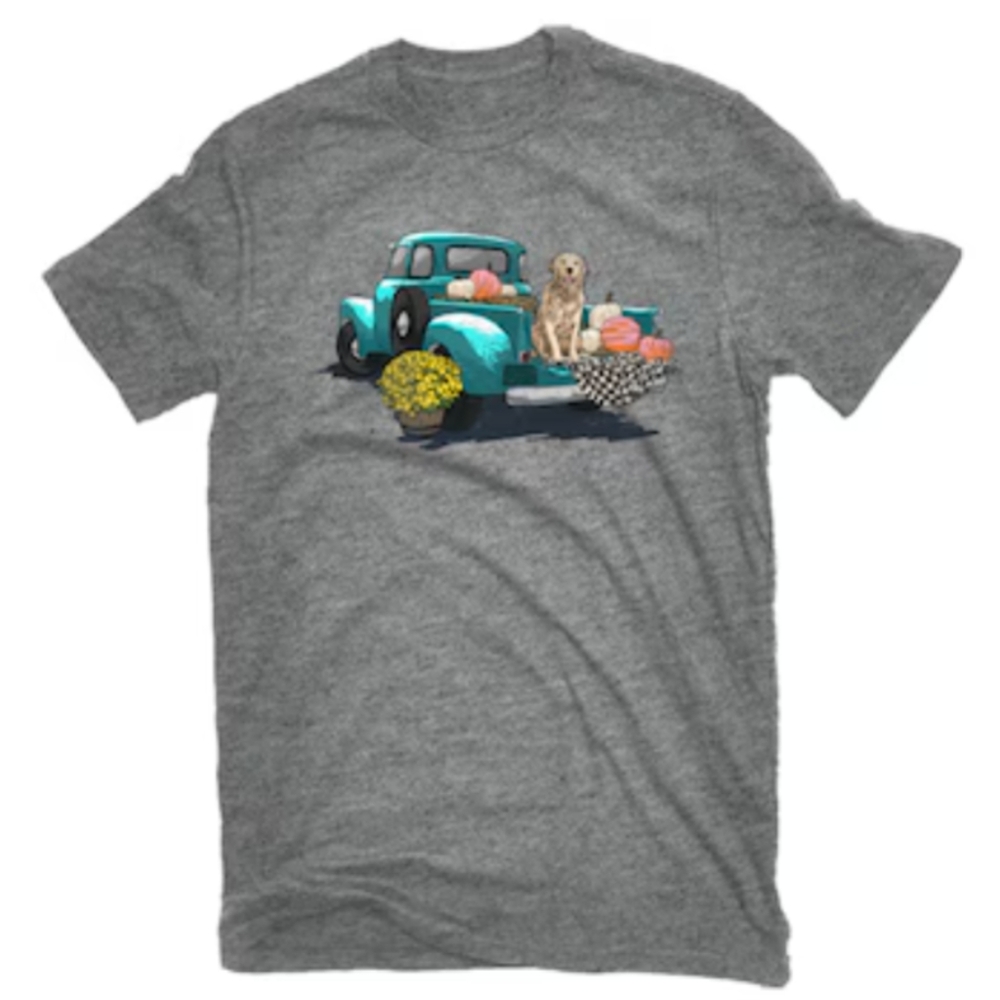 Assorted Sizes-Women's Knit Short Sleeve Graphic Tee- Fall Dog in Old Pickup-NWT